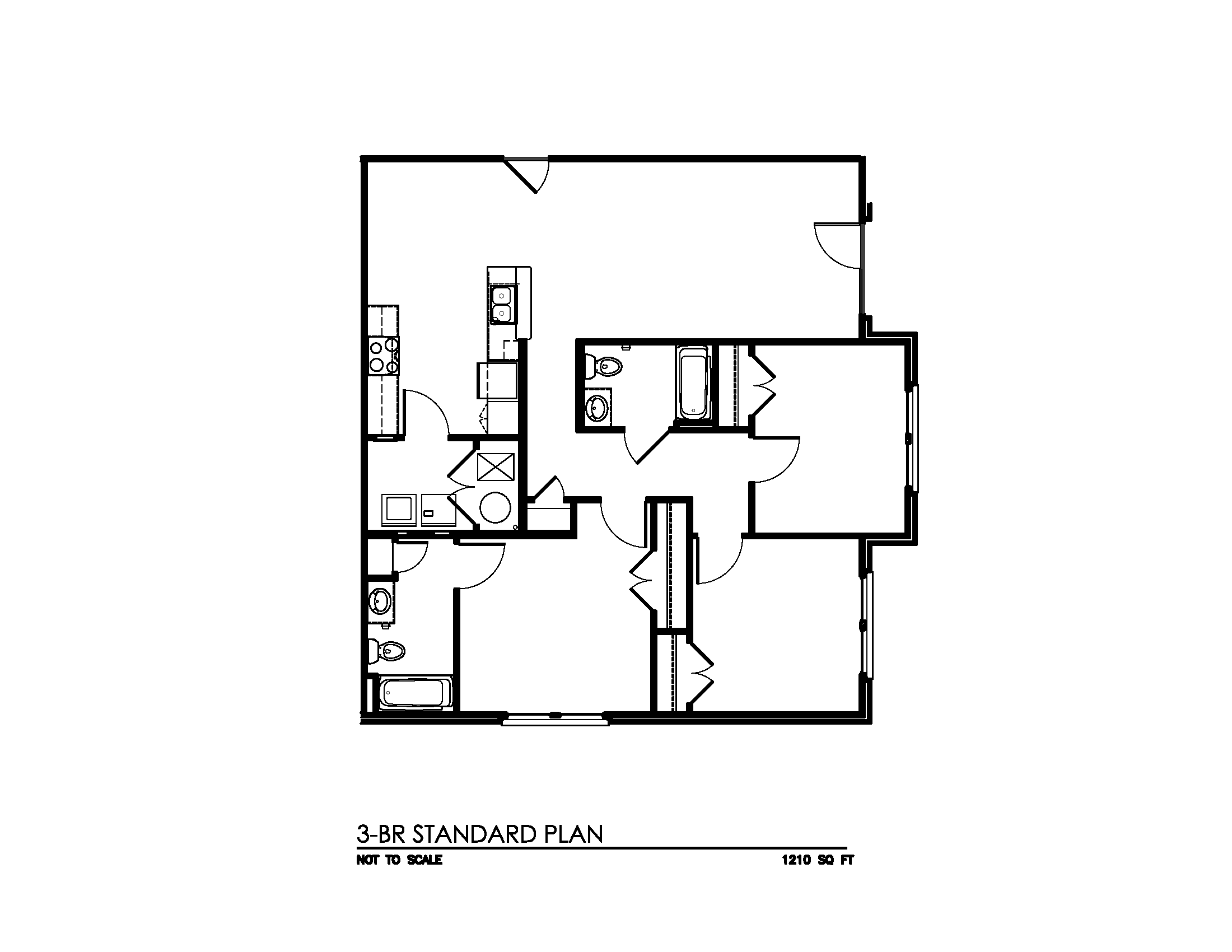 Floor plan for 3 beds, 2 baths, 1210 sqft